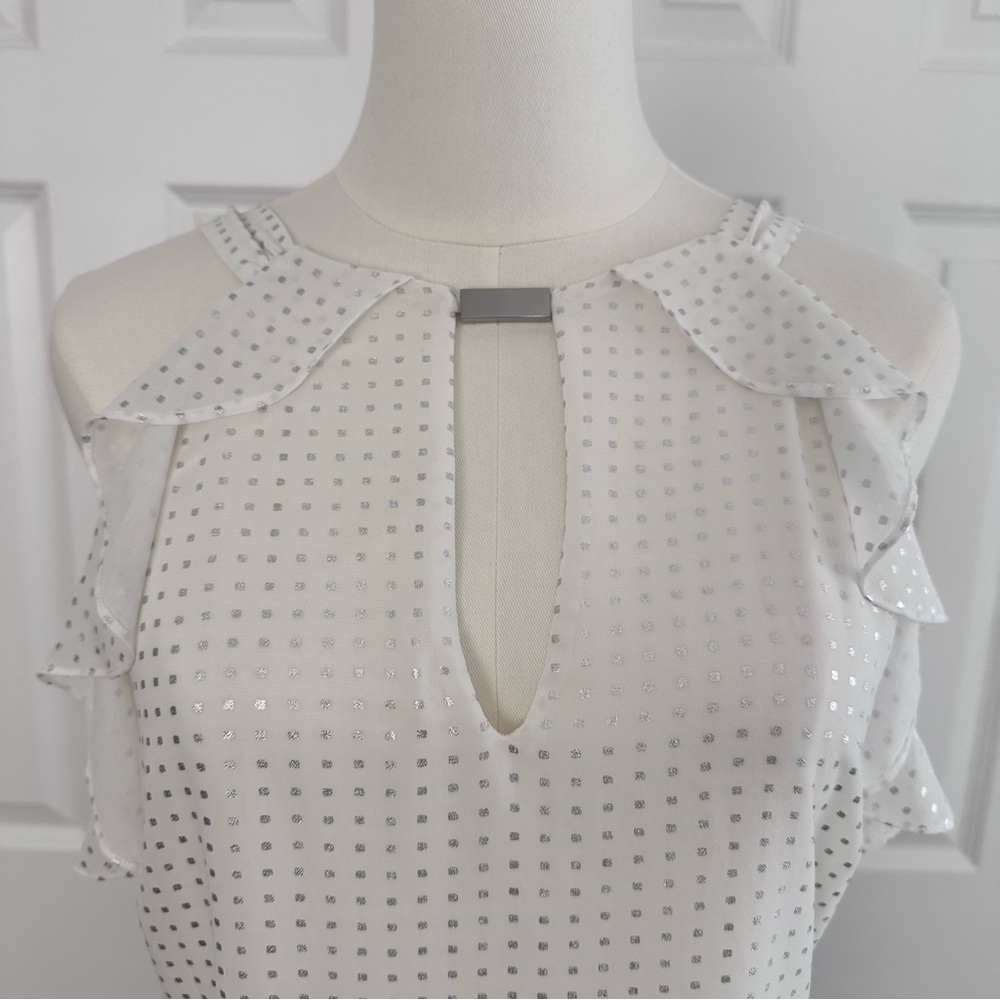 Cache Y2K White and Silver Ruffles Back Tie Metal Detail Blouse Key Hole Size S